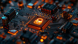 Glowing lock icon on circuit board symbolizing cybersecurity and data protection. Computer microchip components with illuminated encryption emblem. Concept of digital safety measures.