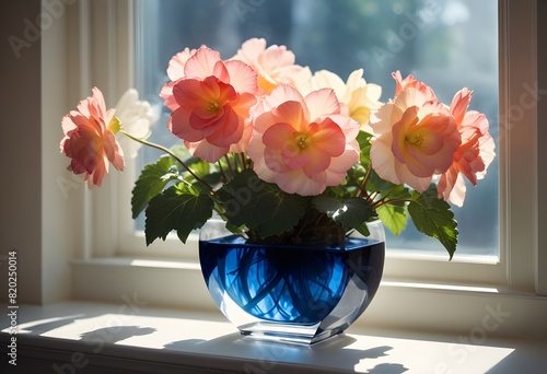 Dainty,  Begonia , Begonias tuberhybrida flowers neatly arranged in a minimalist,  vase resting on a smooth,luminous window