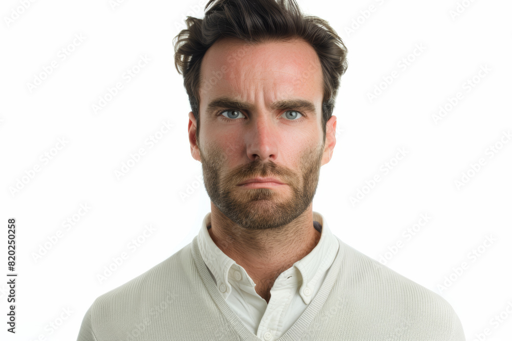 A serious man with a furrowed brow, detached from the surroundings, trimmed from the background, without background. Concept of concentration and focus. Generative Ai. A serious man with a furrowed brow, detached from the surroundings, trimmed from the background, without background. Concept of concentration and focus. Generative Ai.