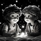 Bright illustration of cute cartoon children at night