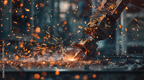 A robot is cutting through metal with sparks flying. The scene is intense and dangerous, as the sparks could ignite and cause a fire. The robot is focused on its task photo