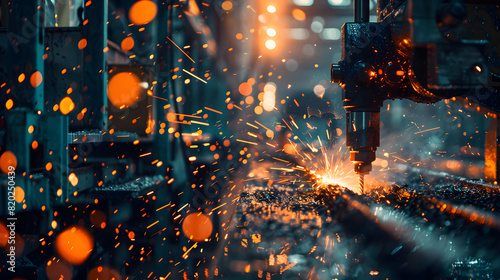 A robot is cutting through metal with sparks flying. The scene is intense and dangerous  as the sparks could ignite and cause a fire. The robot is focused on its task