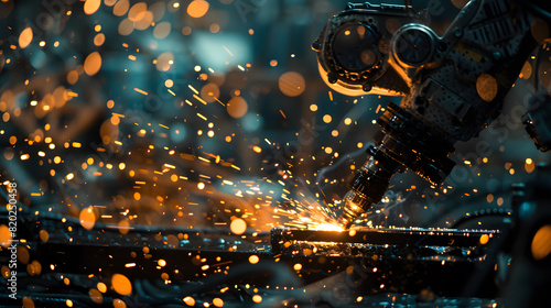 A robot is cutting through metal with sparks flying. The scene is intense and dangerous, as the sparks could ignite and cause a fire. The robot is focused on its task photo