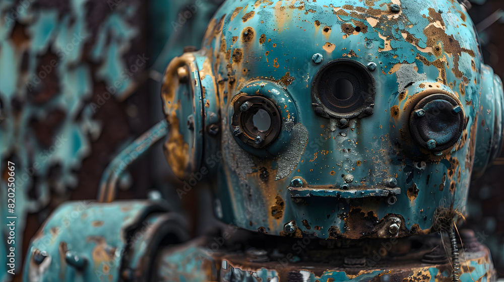A robot with dirty eyes and a dirty face. The robot is surrounded by other robots, some of which are also dirty. Scene is one of decay and neglect A robot with dirty eyes and a dirty face. The robot is surrounded by other robots, some of which are also dirty. Scene is one of decay and neglect