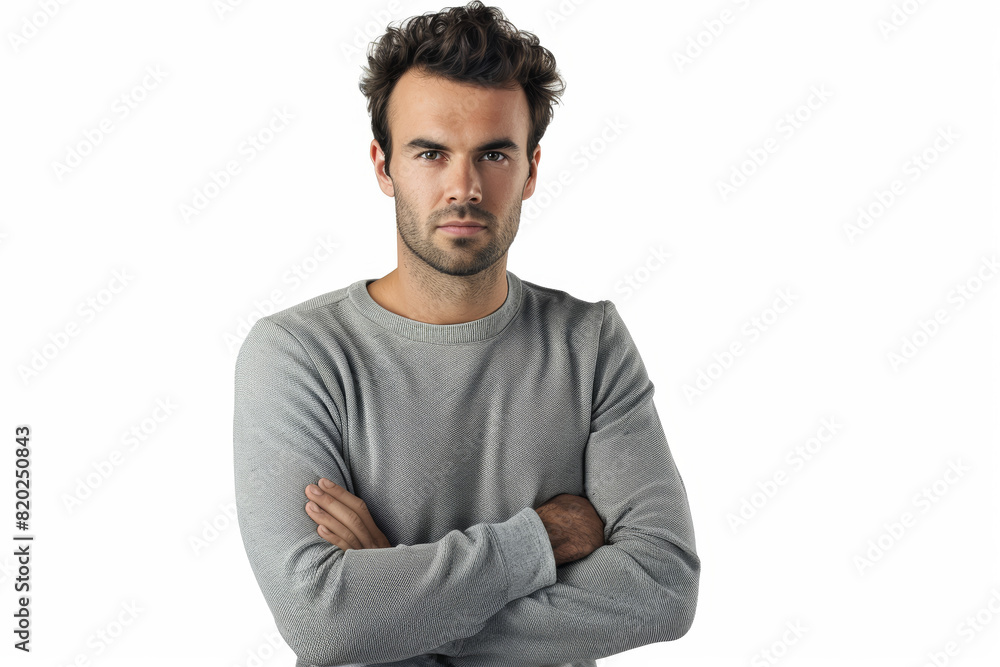 A serious man with a focused gaze and folded arms, standing against a blank backdrop, devoid of surroundings. Concept of concentration and seriousness. Generative Ai. A serious man with a focused gaze and folded arms, standing against a blank backdrop, devoid of surroundings. Concept of concentration and seriousness. Generative Ai.