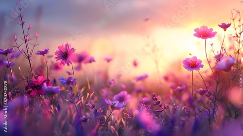 Beautiful field of cosmos Flowers with bokeh Background  © Team