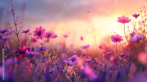 Beautiful field of cosmos Flowers with bokeh Background 