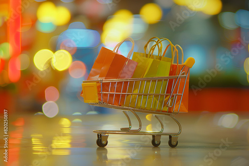  shopping cart with paper shopping bags on the desk, in the style of website, digital print, bokeh, light yellow and dark orange, oshare kei, rtx on, cute and colorful