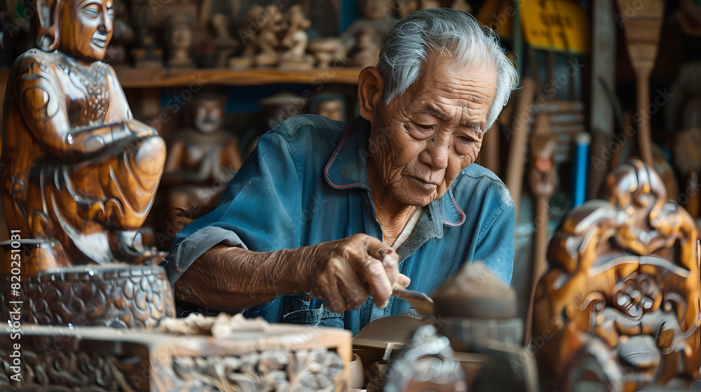 An elderly man is sitting at a table with a wooden bowl in front of him. He is smiling and he is enjoying his work