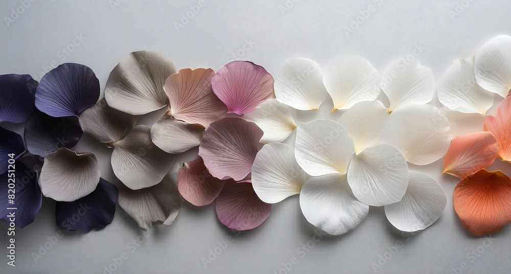 A flat lay of vibrant flower petals scattered artfully on a pristine white background, creating a delicate and colorful composition. A flat lay of vibrant flower petals scattered artfully on a pristine white background, creating a delicate and colorful composition.