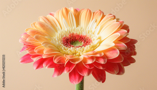 A detailed view of a pink and yellow flower attached to a green stem depicts natural beauty