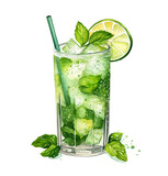 Watercolor artwork lemonade mojito drink with lemon lime and fresh mint leaves on white background