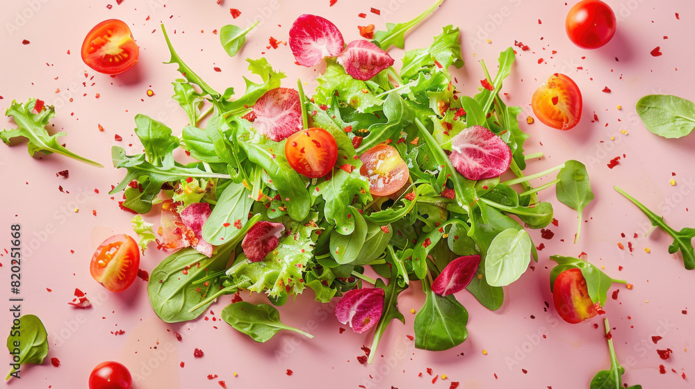 A colorful salad featuring fresh tomatoes and lettuce, set against a pink background A colorful salad featuring fresh tomatoes and lettuce, set against a pink background
