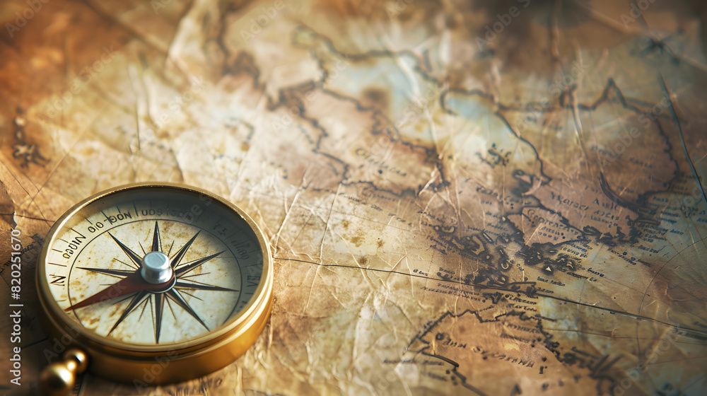 A compass is on top of a map of the world. The compass is pointing to the right A compass is on top of a map of the world. The compass is pointing to the right