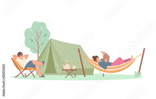 Happy man and woman characters relaxing in hammock and chair near touristic tent in forest. Tourist camping concept. Summer vocation vector illustrations isolated on white background.