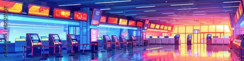 Futuristic Airport Terminal showcasing Automated CheckIn Systems and Neon Signs in a Style