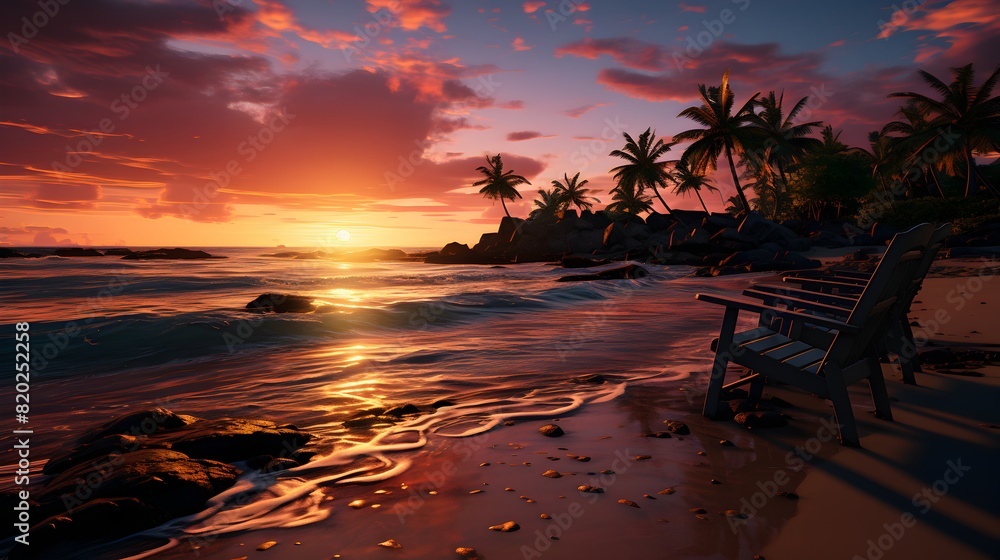 Beach sunset, palm trees and sunset backdrop in fun-filled atmosphere
Beach sunset, palm trees and sunset backdrop in fun-filled atmosphere