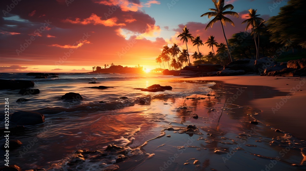 Beach sunset, palm trees and sunset backdrop in fun-filled atmosphere
