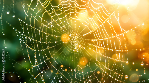 Wallpaper Mural A spider web with water droplets on it. The web is blue and green Torontodigital.ca