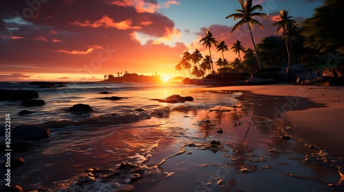 Beach sunset, palm trees and sunset backdrop in fun-filled atmosphere  © Nattawee