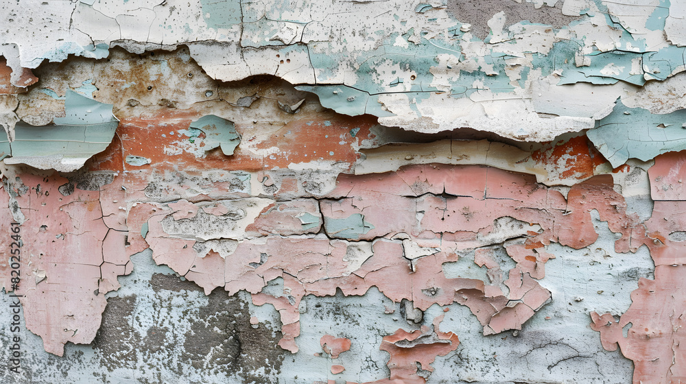 The wall is covered in peeling paint and has a lot of cracks. The colors are mostly blue and white, with some red and yellow accents. The wall looks old and worn, with a sense of decay and abandonment The wall is covered in peeling paint and has a lot of cracks. The colors are mostly blue and white, with some red and yellow accents. The wall looks old and worn, with a sense of decay and abandonment