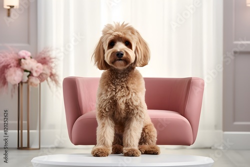 Goldendoodle poses confidently on a modern designer chair