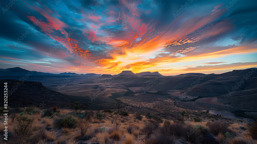Fototapeta premium A beautiful sunset with a bright sun shining over a vast, empty landscape. The sky is filled with clouds, creating a serene and peaceful atmosphere