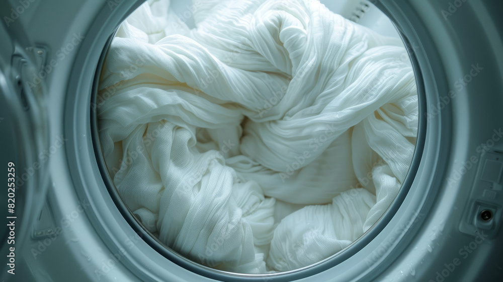 White blanket swirls inside a washing machine as it cleanses it, freeing it from dirt and stains. White blanket swirls inside a washing machine as it cleanses it, freeing it from dirt and stains.