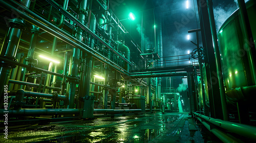 A large industrial plant with a lot of pipes and a lot of lights. The lights are green and the atmosphere is dark and mysterious