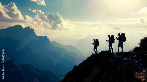 Three people are hiking up a mountain, with their backpacks on. The mountain is covered in clouds, giving the scene a serene and peaceful atmosphere
