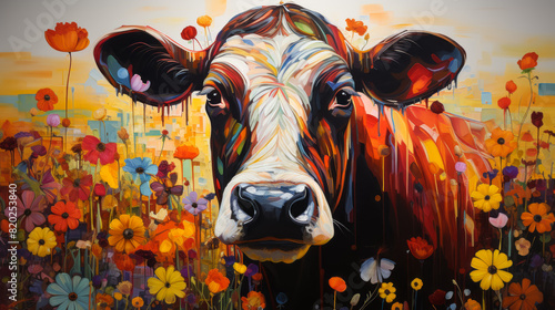 A vibrant painting featuring a dairy cow surrounded by a lush meadow in full bloom under a sunny sky, showcasing themes of nature, agriculture, and animal life