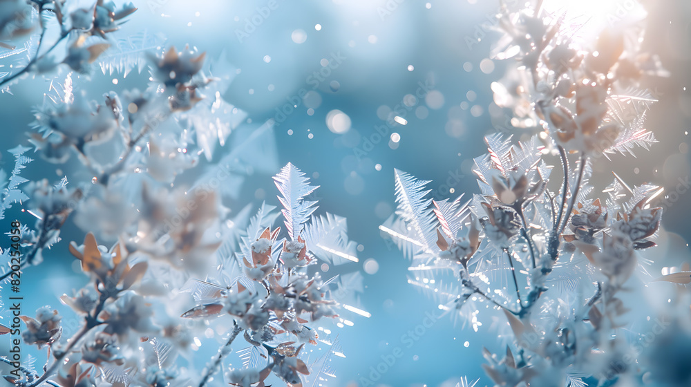 A close up of a tree with frost on the branches. Concept of stillness and tranquility, as the frosted branches appear to be frozen in time. The blue sky in the background adds to the serene atmosphere A close up of a tree with frost on the branches. Concept of stillness and tranquility, as the frosted branches appear to be frozen in time. The blue sky in the background adds to the serene atmosphere