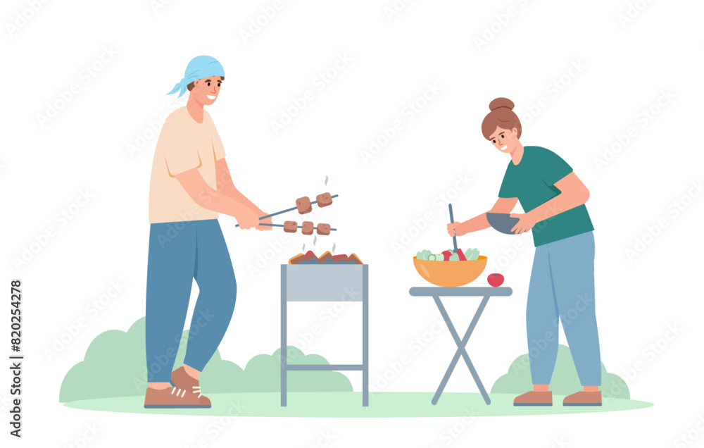 Happy man and woman cooking barbecue and salad on picnic. Tourist camping concept. Summer vocation vector illustrations isolated on white background. Happy man and woman cooking barbecue and salad on picnic. Tourist camping concept. Summer vocation vector illustrations isolated on white background.