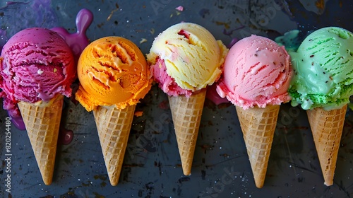 Ice cream cones with different colors of ice. photo