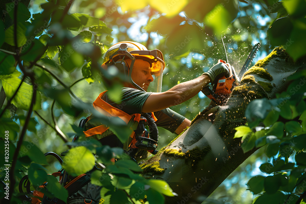 A professional arborist in safety gear is trimming a tree with a ...