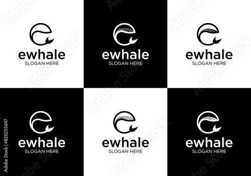 circle whale logo vector illustration design, whale line art logo design with initial e
