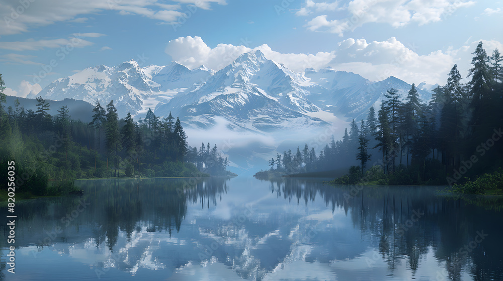 A beautiful mountain landscape with a lake in the foreground. The sky is clear and blue, and the mountains are covered in snow. The scene is peaceful and serene A beautiful mountain landscape with a lake in the foreground. The sky is clear and blue, and the mountains are covered in snow. The scene is peaceful and serene