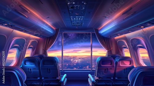 Nighttime Airplane Cabin Luxurious Starry Sky View from Premium Seating