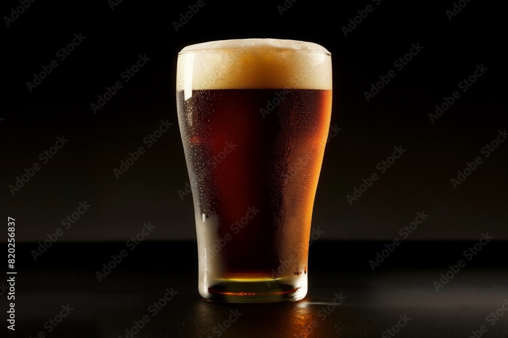 Brown ale with partly blurred reflection. Black background. Copy space Brown ale with partly blurred reflection. Black background. Copy space