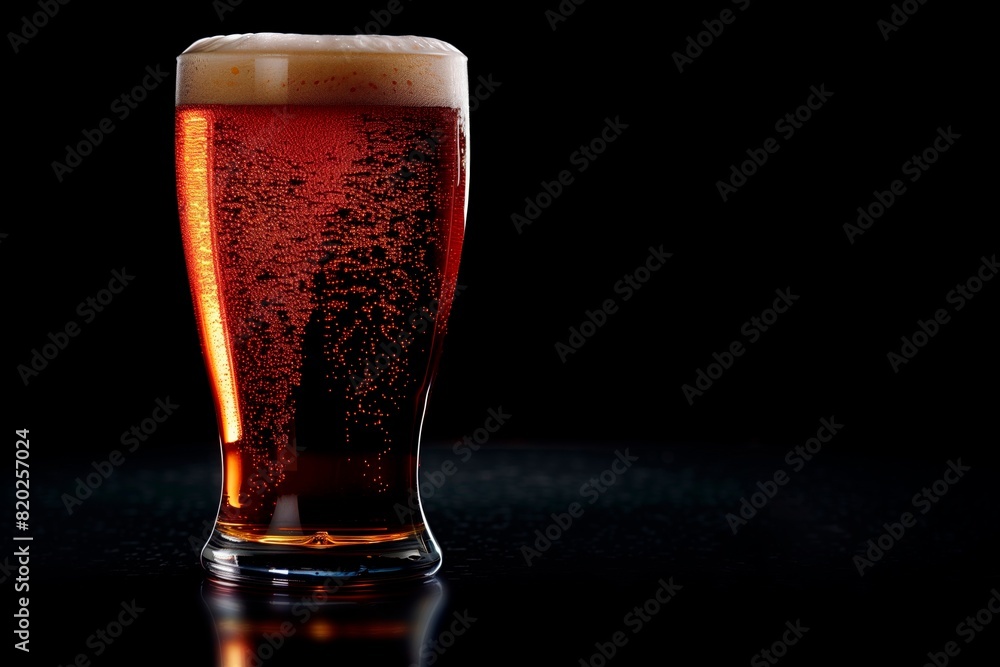 Brown ale with partly blurred reflection. Black background. Copy space Brown ale with partly blurred reflection. Black background. Copy space