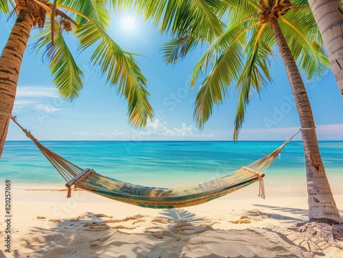 A tranquil beach with white sand  turquoise waters  and a hammock tied between two palm trees  evoking a sense of relaxation and escape. The lighting is bright and sunny  