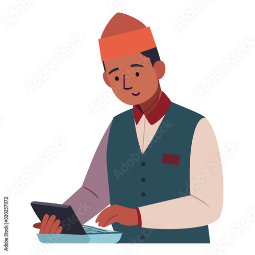  illustration of a  Nepali mid-aged man wearing Nepali daura suruwal coat and Nepali dhaka topi. He is  working on a calculator photo