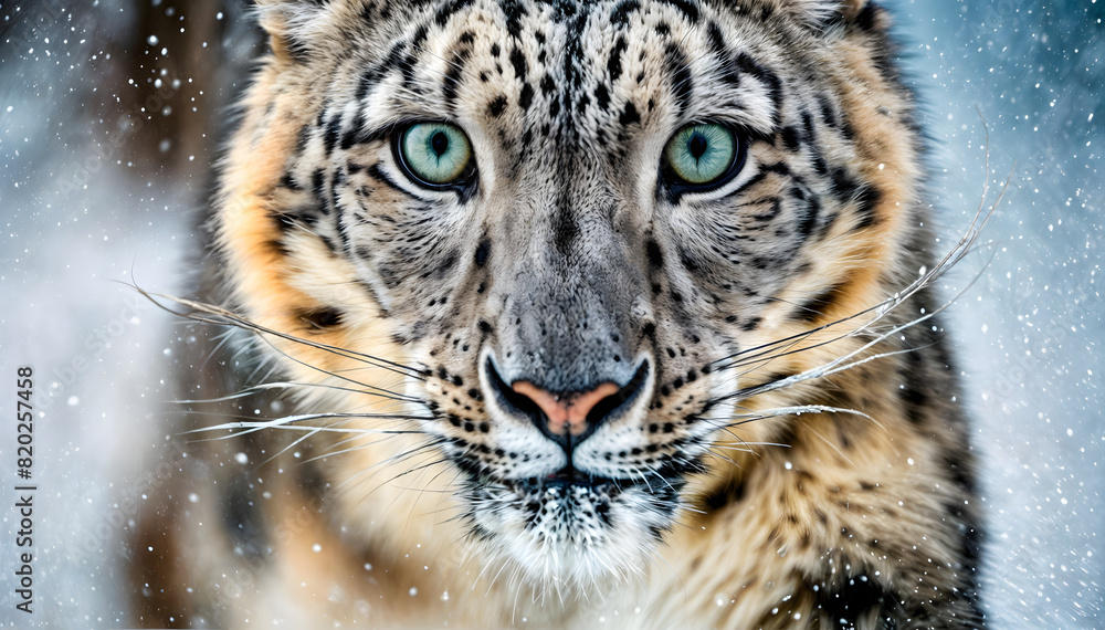Portrait of a snow leopard. Stunning snow leopard in winter. Wild snow leopard during snowfall. Portrait of a snow leopard. Stunning snow leopard in winter. Wild snow leopard during snowfall.