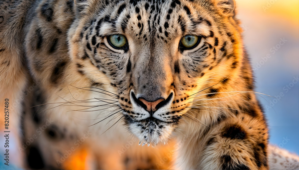Fototapeta premium Portrait of a snow leopard. Stunning snow leopard in sunshine. Wild snow leopard in winter.