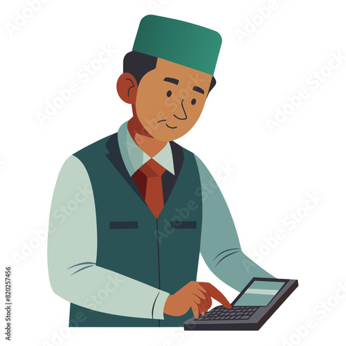  illustration of a  Nepali mid-aged man wearing Nepali daura suruwal coat and Nepali dhaka topi. He is  working on a calculator photo