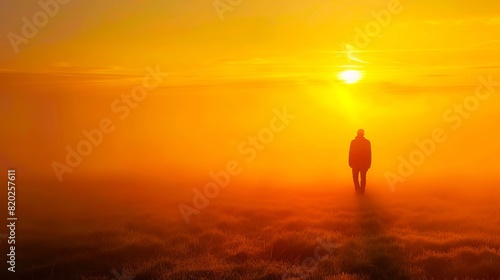 A person standing in a field with the sun setting.