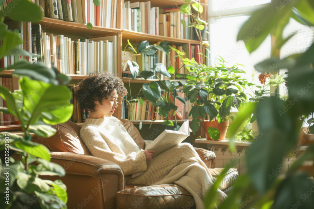 In a library, a woman is seated on a couch engrossed in a book, encircled by various green plants In a library, a woman is seated on a couch engrossed in a book, encircled by various green plants