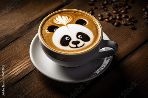 Cup of coffee with latte art, milk foam panda bear illustration. Cozy atmosphere. Cup of handcrafted cappuccino on wooden table for coffee lovers.