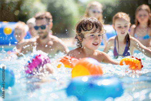 A group of happy people are having fun playing in a swimming pool on a sunny day