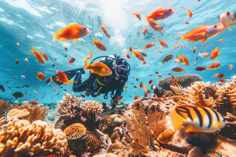 Naklejka premium A scuba diver is gracefully moving through the vibrant ocean, surrounded by colorful fish